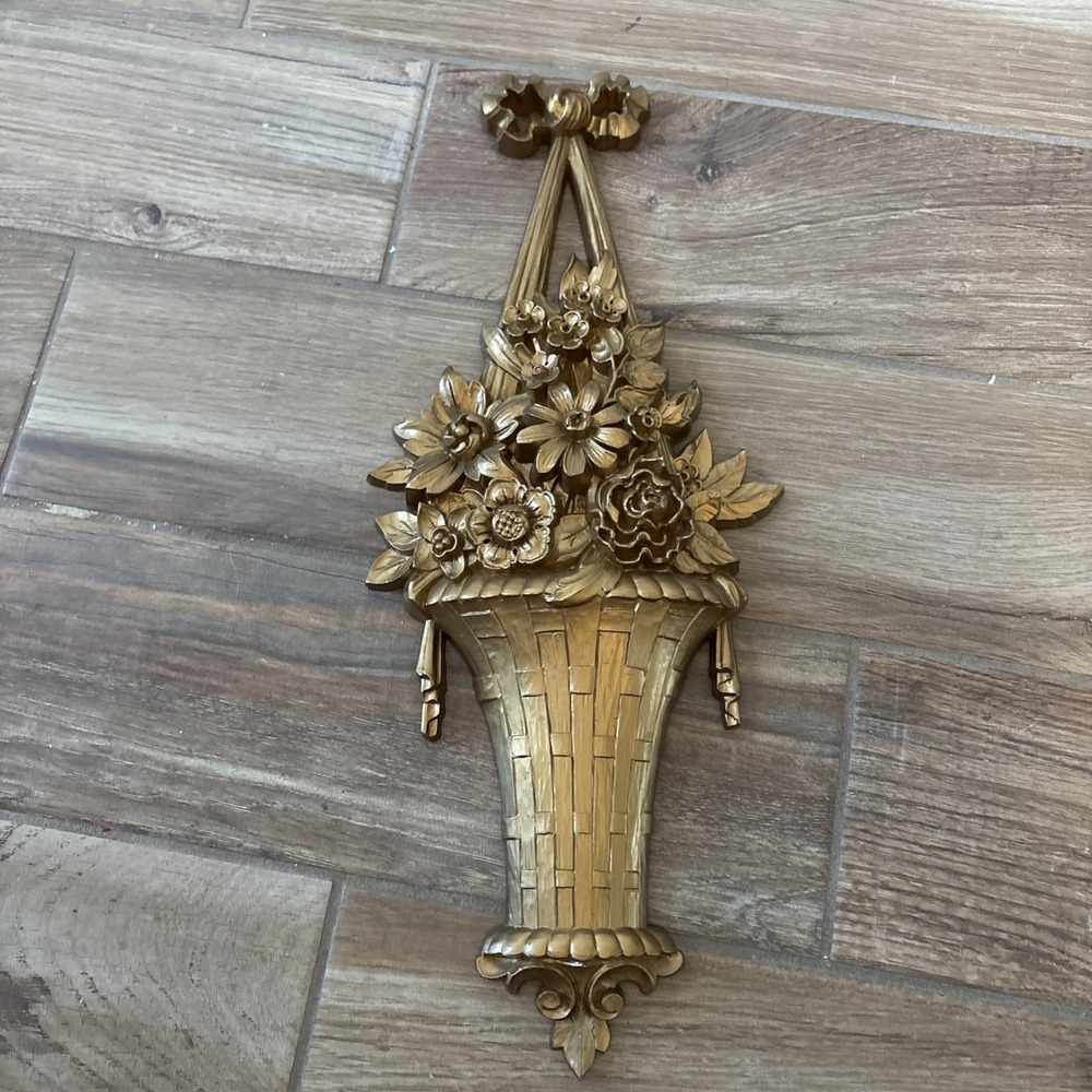Vintage Syroco Gold Flower Basket Wall Hanging Decor 4967 Hollywood Regency 19in